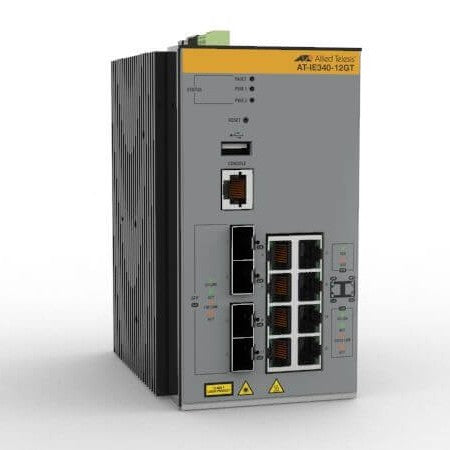 Allied Telesis AT-IE340-12GT-80 | 8 x 10/100/1000T, 4 x 100/1000 SFP, -40 °C a 75 °C, carril DIN, fuente de alimentación de CC externa no incluida