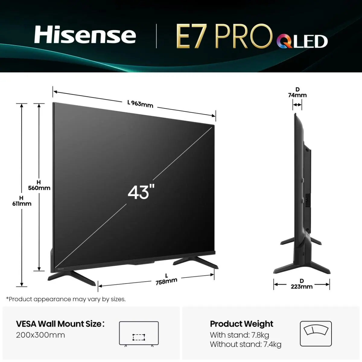 Hisense 43E7Q PRO, Smart TV Hi-QLED 4K UHD de 43" com 144 Hz e Dolby Vision Atmos