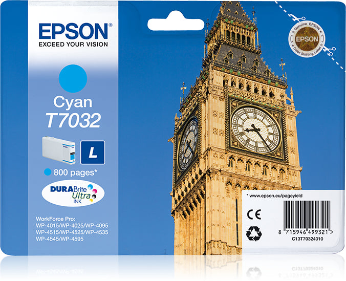 Epson T7032 - 9.6 ml - size L - cyan blue - original - blister - ink cartridge - for WorkForce Pro WP-4015, WP-4025, WP-4095, WP-4515, WP-4525, WP-4535, WP-4545, WP -4595