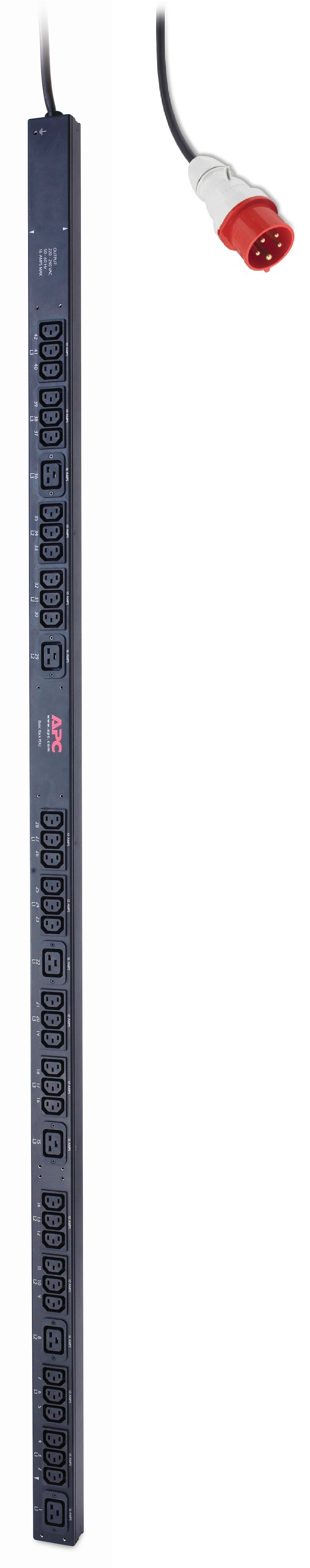 APC Basic Rack PDU Zero U - Unidad de distribución de energía (montable en rack) - CA 230/400 V - 3 fases - entrada: IEC 60309 16A - conectores de salida: 42 (IEC 60320 C13, IEC 60320 C19) - 0U - negro - para P /N: SMX1500RMNCUS, SRT1000RMXLI, SR