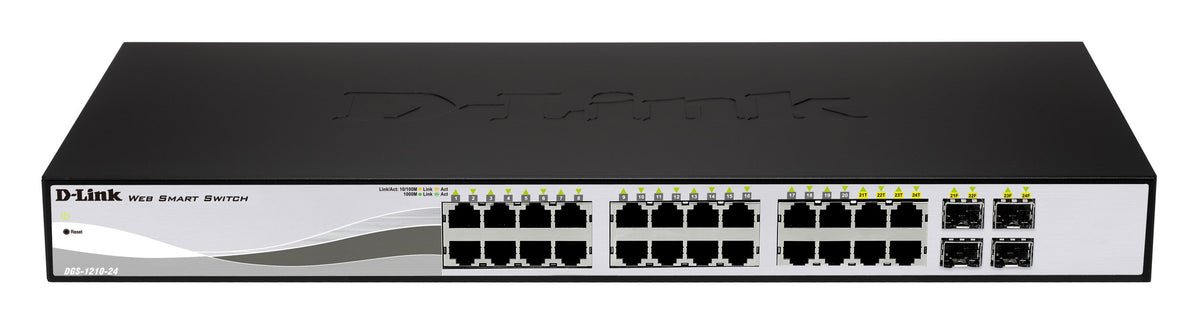 D-Link DGS 1210-24P - Interruptor - inteligente - 24 x 10/100/1000 (PoE+) + 4 x conjunto Gigabit Ethernet/Gigabit SFP - desktop, montável em trilho - PoE+ (193 W)