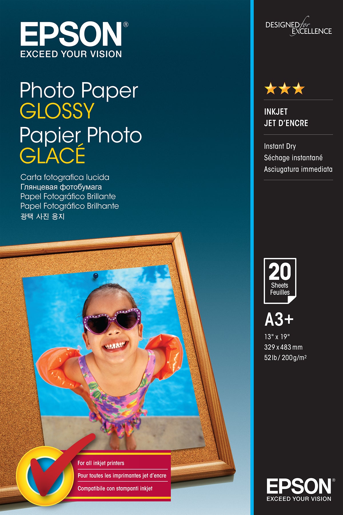 Epson - Glossy - A3 Plus (329 x 483 mm) - 200 gsm - 20 sheet(s) photo paper - for Expression Photo HD XP-15000, SureColor P706, SC-P405, WorkForce WF-7720, 7725, 7840, 7845