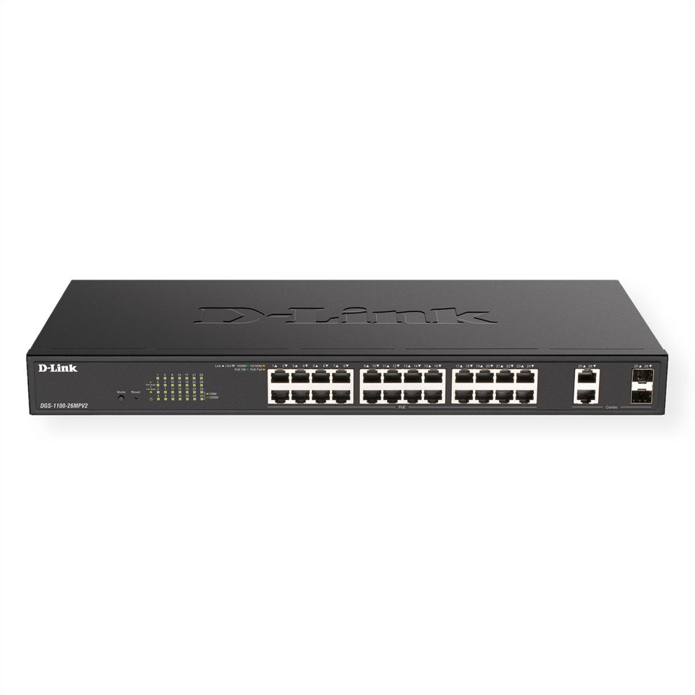 D-Link DGS 1100-26MPV2 - Switch - Smart - 24 x 10/100/1000 (PoE) + 2 x Gigabit SFP combo - desktop, rail mountable - PoE (370W)