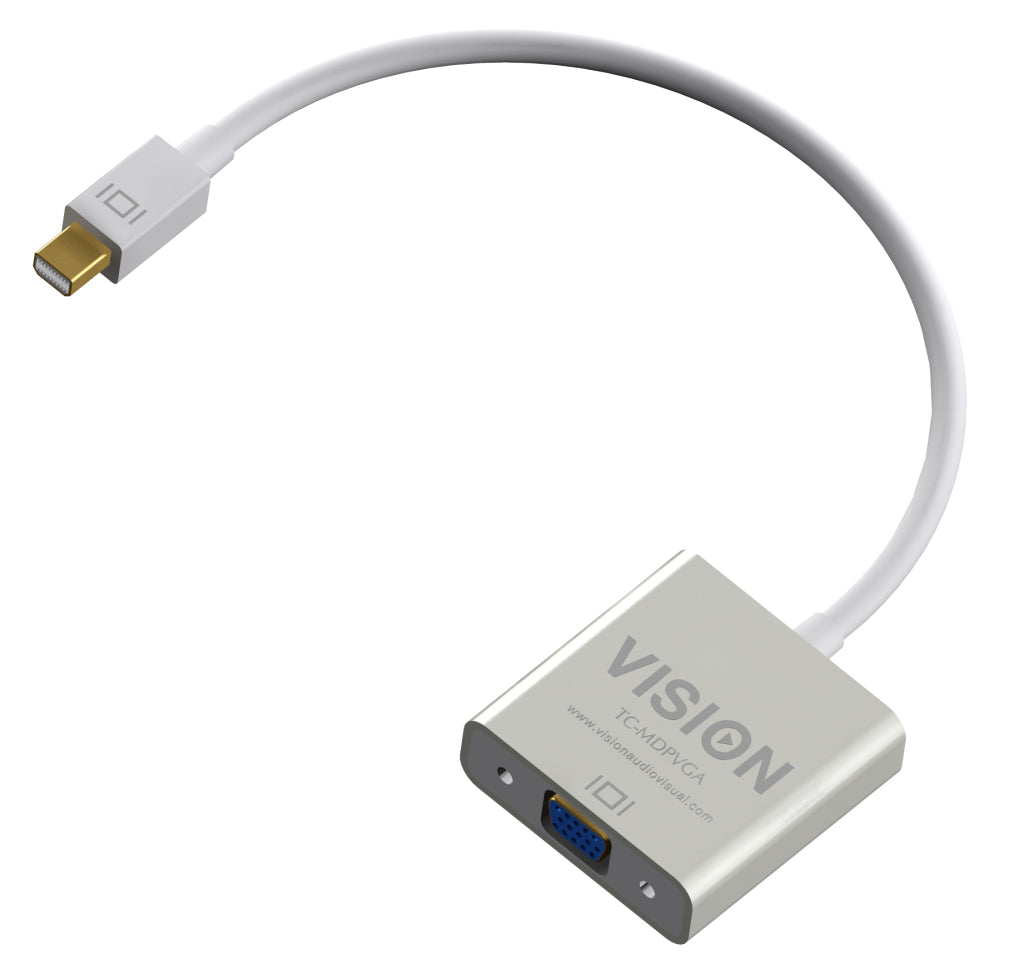 VISION Professional installation-grade Mini DisplayPort to VGA adapter - LIFETIME WARRANTY - LIFETIME WARRANTY - maximum resolution 1920 x 1080 - does not convert VGA to DP - hotplug - mDP (M) to VGA (F) - overall length 220 mm - outer diameter 5.5 m