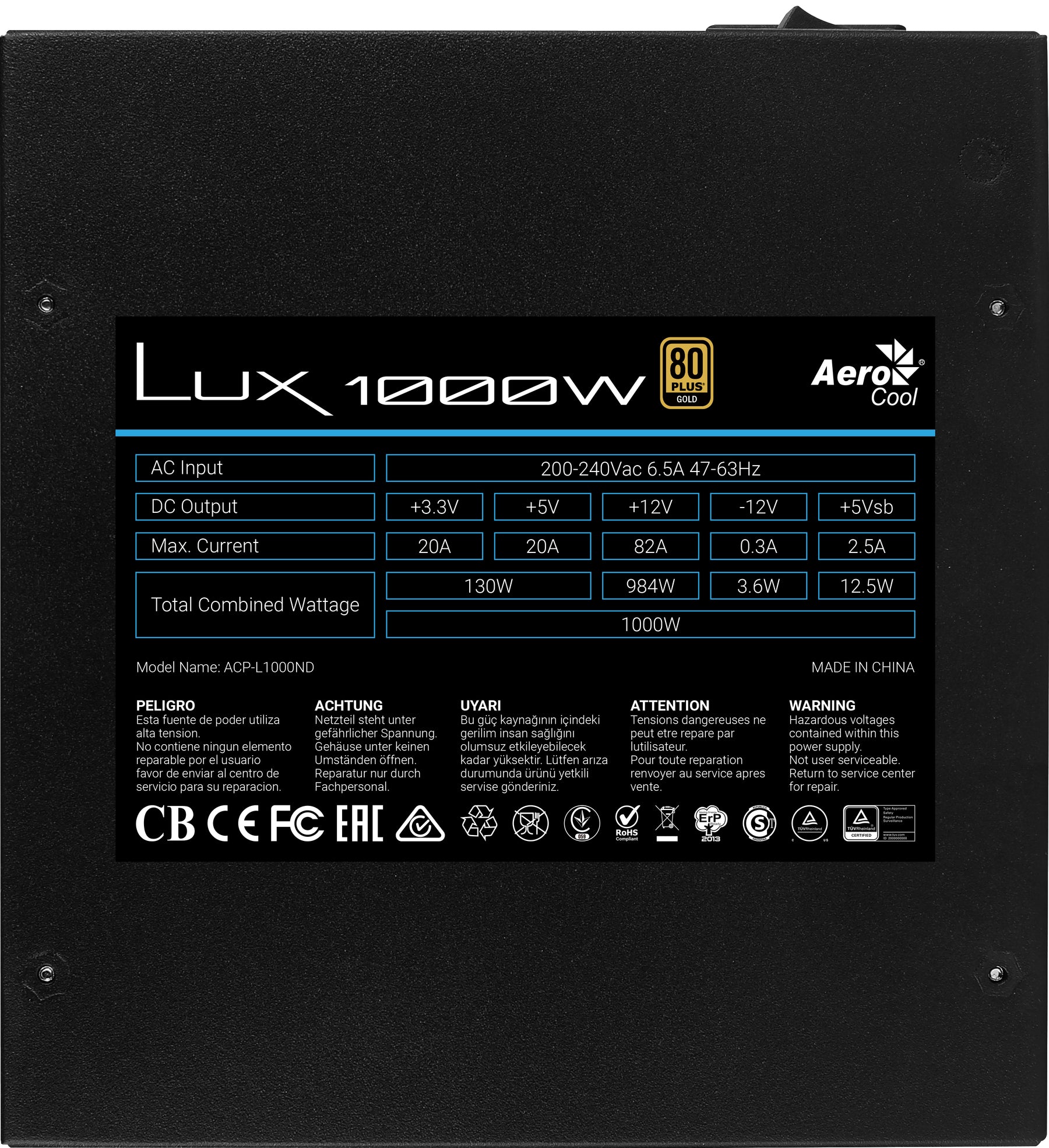 Food Source AEROCOOL LUX 1000W PSU, 80 PLUS GOLD, APFC, SILENT FAN (LUX1000)