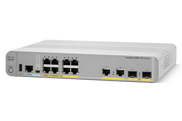 Cisco Catalyst 2960CX-8PC-L - Switch - Admin - 8 x 10/100/1000 (PoE+) + 2 x SFP + 2 x 10/100/1000 - desktop, rail mountable, DIN rail mountable, wall mountable - PoE+ (124W)