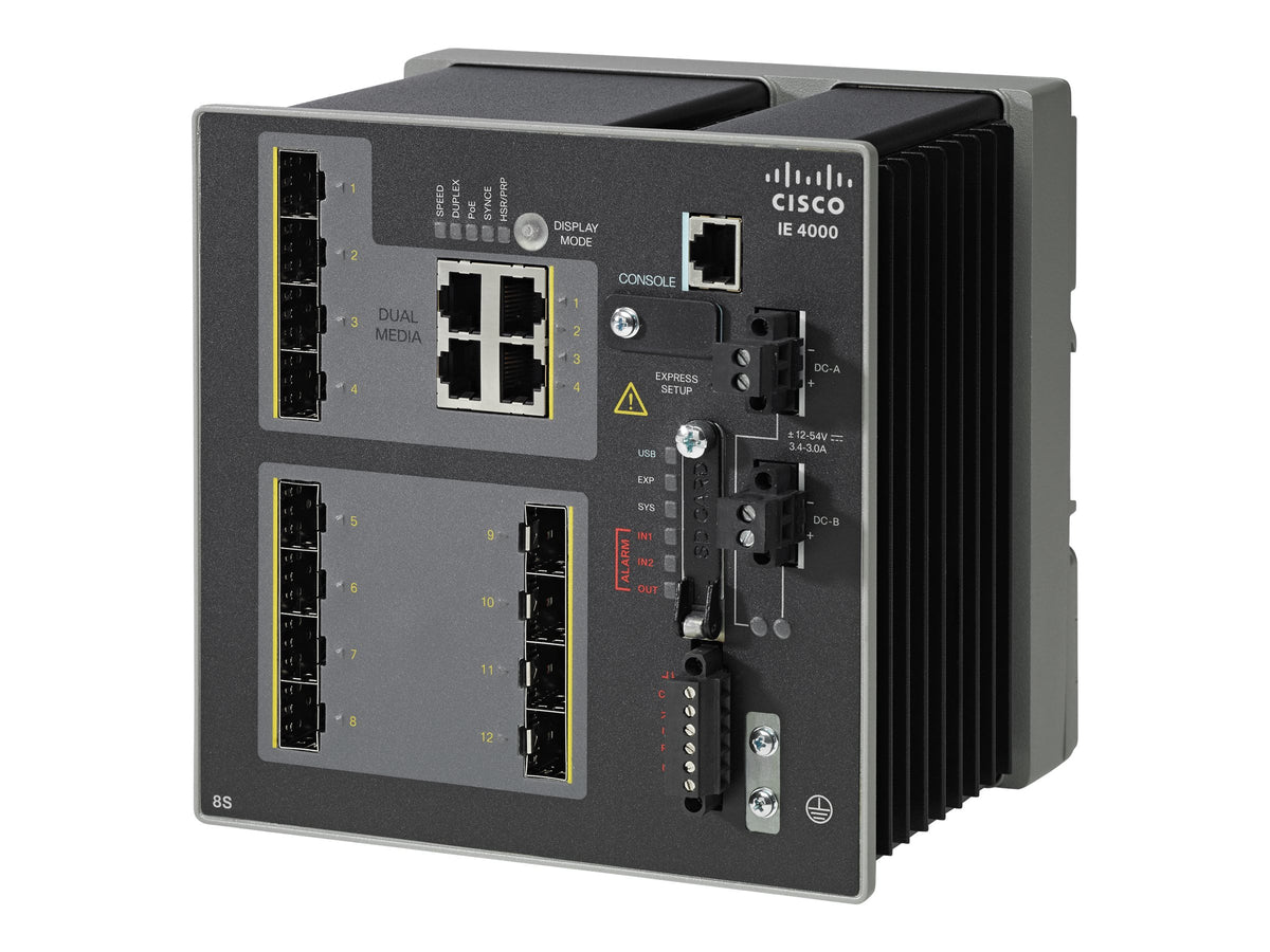 Cisco Industrial Ethernet 4000 Series - Switch - Managed - 8 x Gigabit SFP + 4 x Gigabit SFP combo - DIN rail mountable - DC power - TAA Compliant