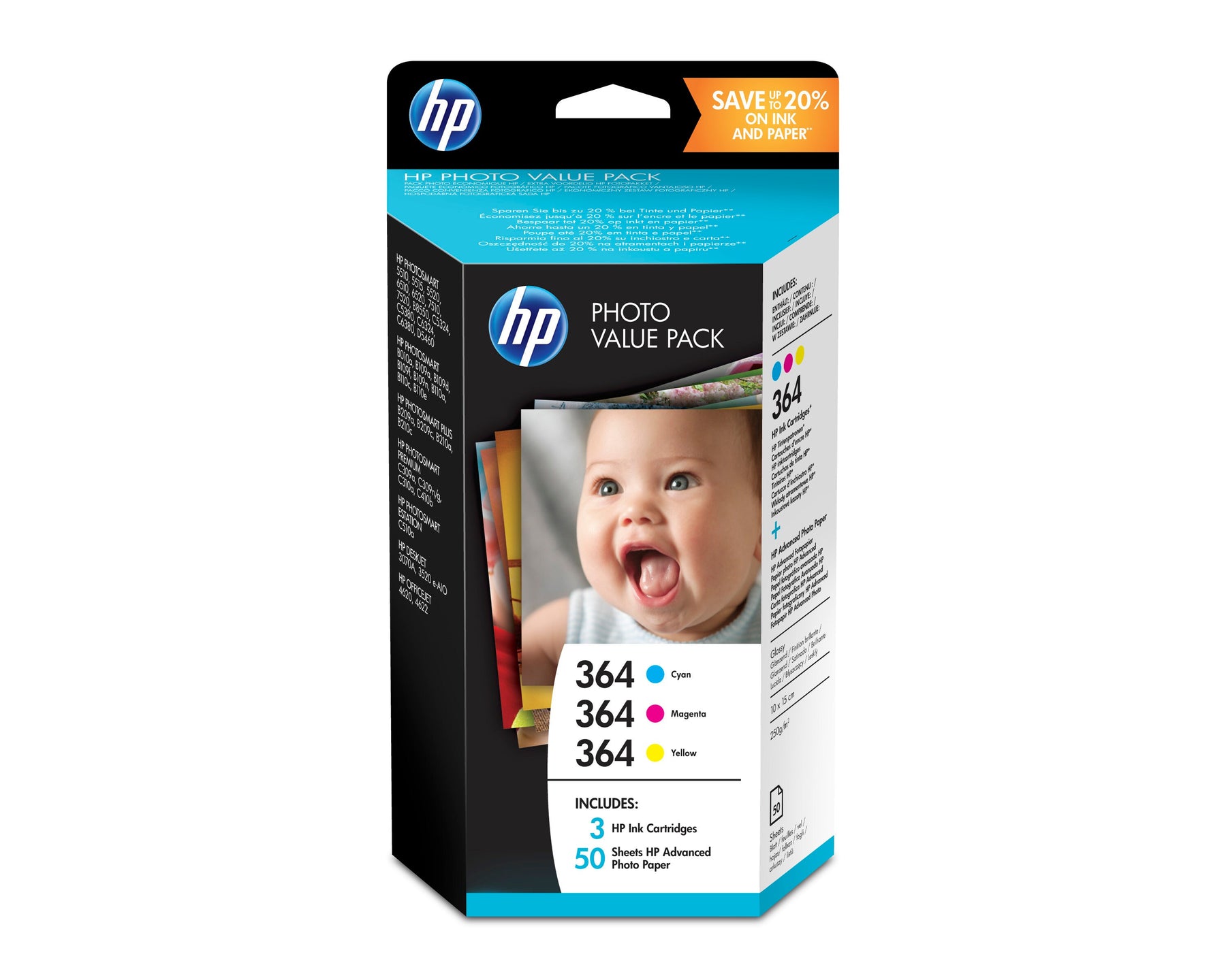 HP 364 Series Photo Value Pack - Pack of 3 - Yellow, Cyan, Magenta - Blister - Print Cartridge / Paper Kit - for Deskjet 3520, Photosmart 5520, 55XX B111, 6520, 7510 C311, 7520, Wireless B110