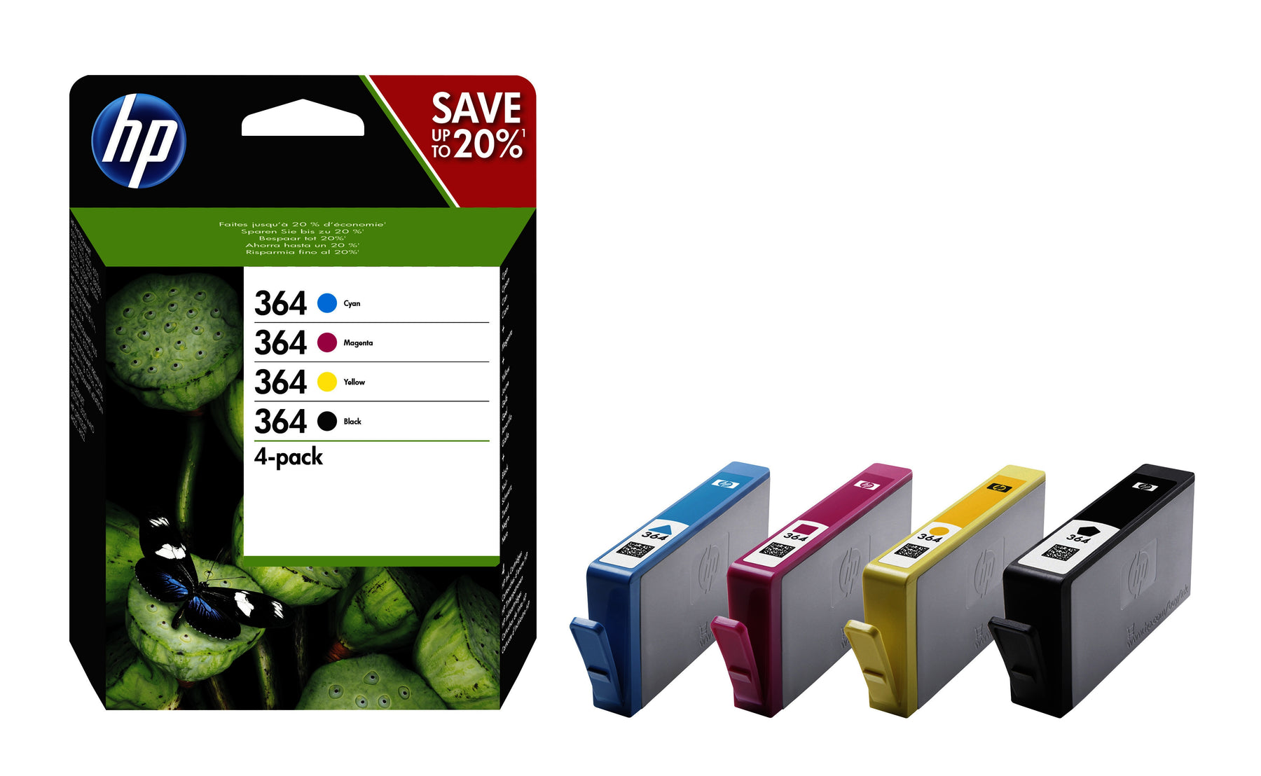 HP 364 - Pack de 4 - preto, amarelo, azul cyan, magenta - original - tinteiro - para Deskjet 35XX, Photosmart 55XX, 55XX B111, 65XX, 65XX B211, 7510 C311, B110, Wireless B110