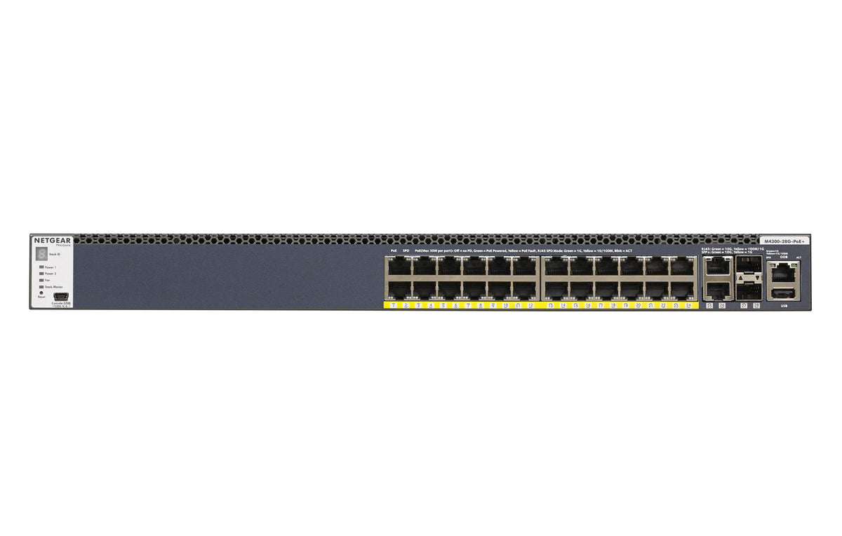 NETGEAR M4300-28G-PoE+ - Interruptor - L3 - Administrado - 2 x 10/100/1000/10000 + 2 x 10 Gigabit SFP+ + 24 x 10/100/1000 (PoE+) - fluxo de ar frente para trás - montável em trilho - PoE+ (480 W)