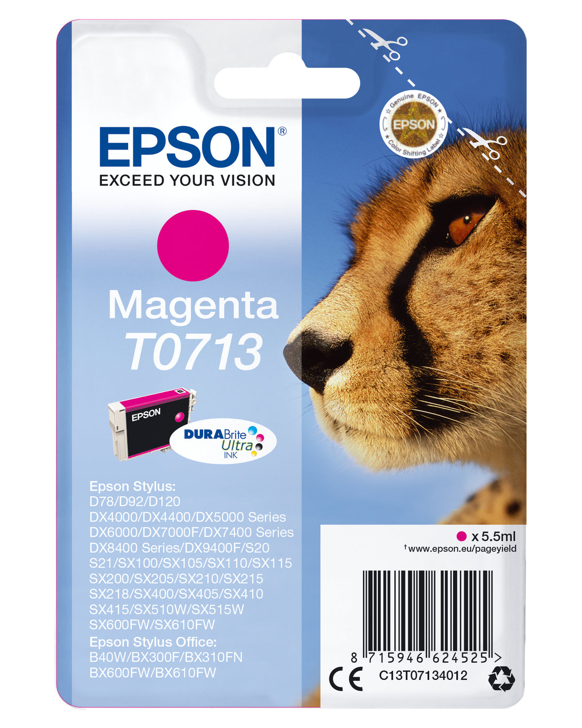 Epson T0713 - 5.5 ml - magenta - original - tinteiro - para Stylus DX9400, SX115, SX210, SX215, SX218, SX415, SX515, SX610, Stylus Office BX310, BX610