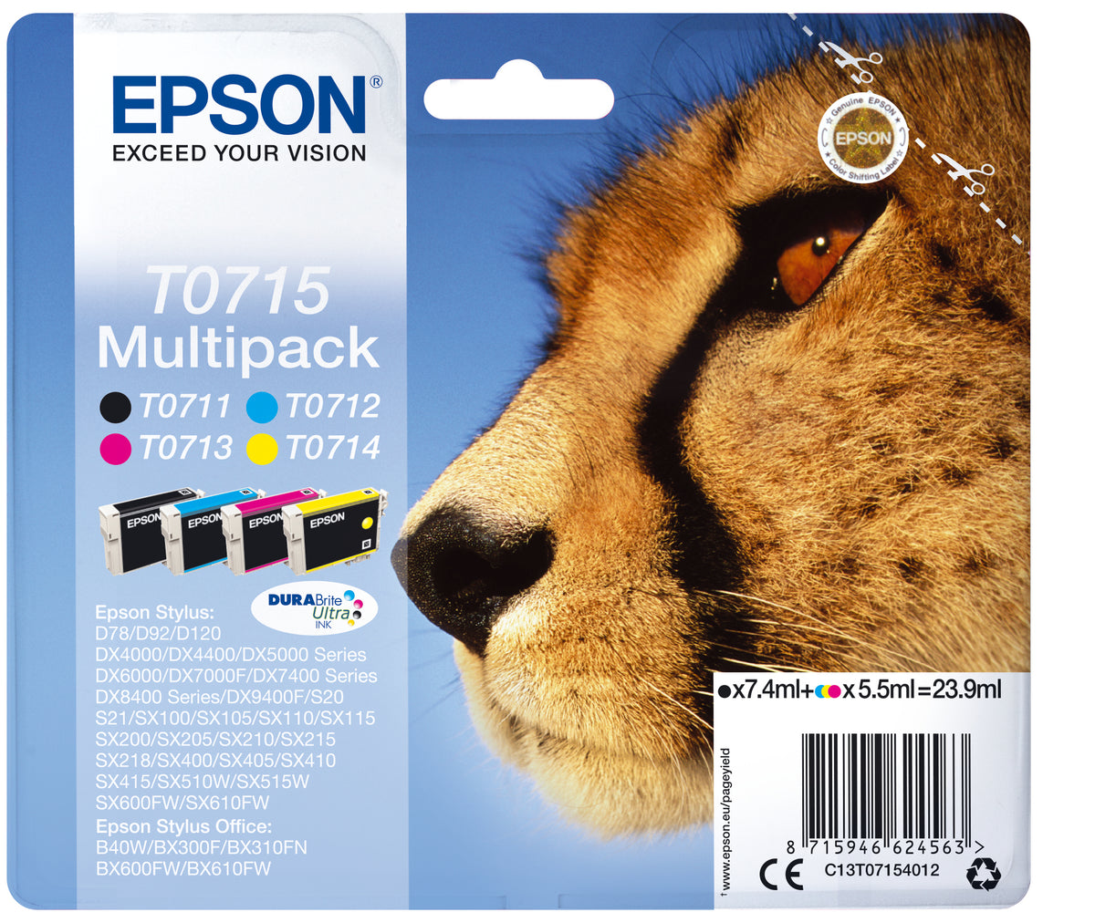 Epson T0715 Multipack - Pack of 4 - 23.9 ml - black, yellow, cyan, magenta - original - ink cartridge - for Stylus DX9400, SX115, SX210, SX215, SX218, SX415, SX515, SX610, Stylus Office BX310, BX610