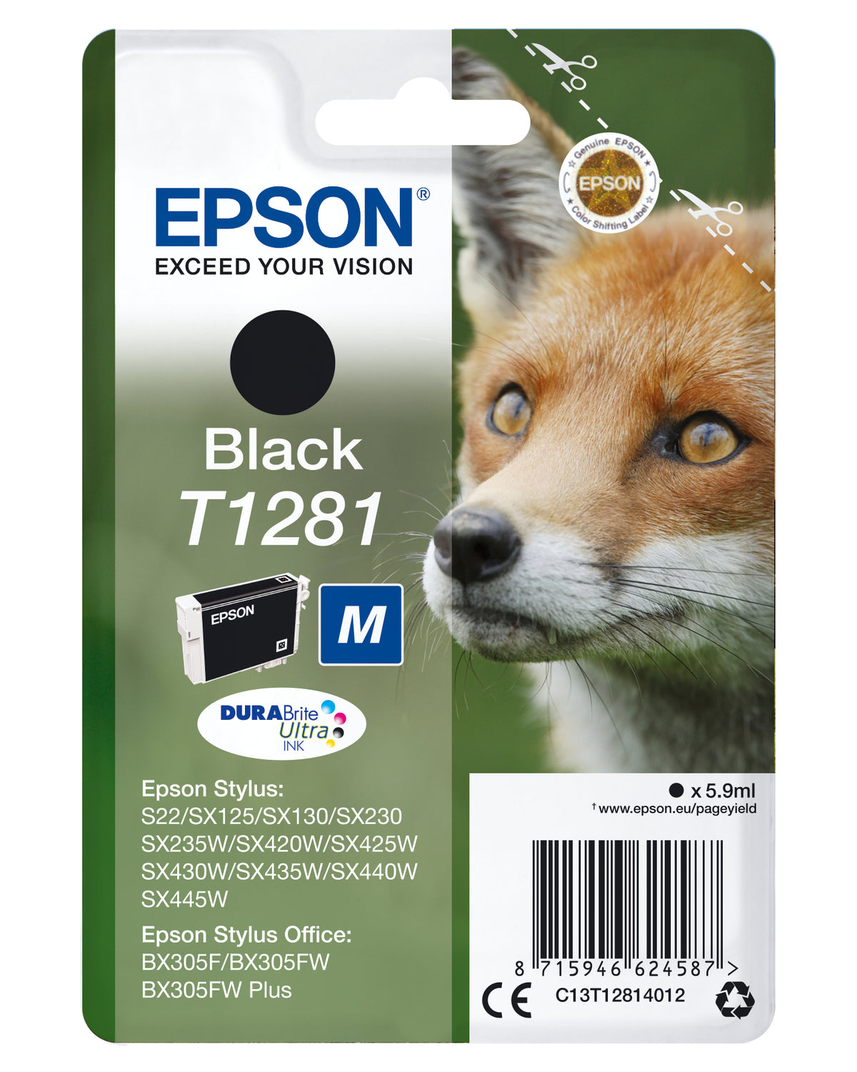 Epson T1281 - 5.9 ml - size M - black - original - blister - ink cartridge - for Stylus S22, SX130, SX230, SX235, SX430, SX435, SX438, SX440, SX445, Stylus Office BX305