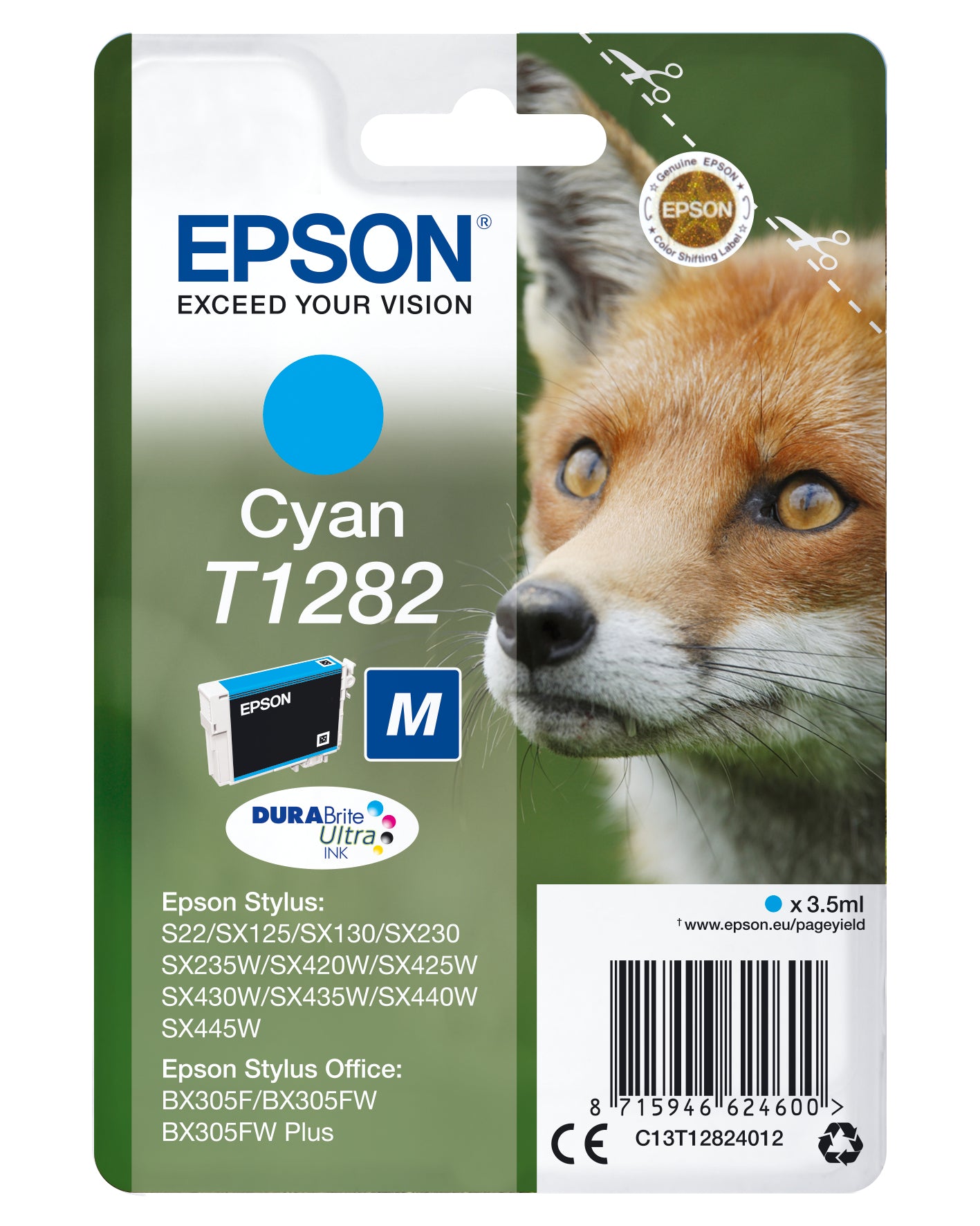 Epson T1282 - 3.5 ml - size M - cyan blue - original - blister - ink cartridge - for Stylus S22, SX130, SX230, SX235, SX430, SX435, SX438, SX440, SX445, Stylus Office BX305