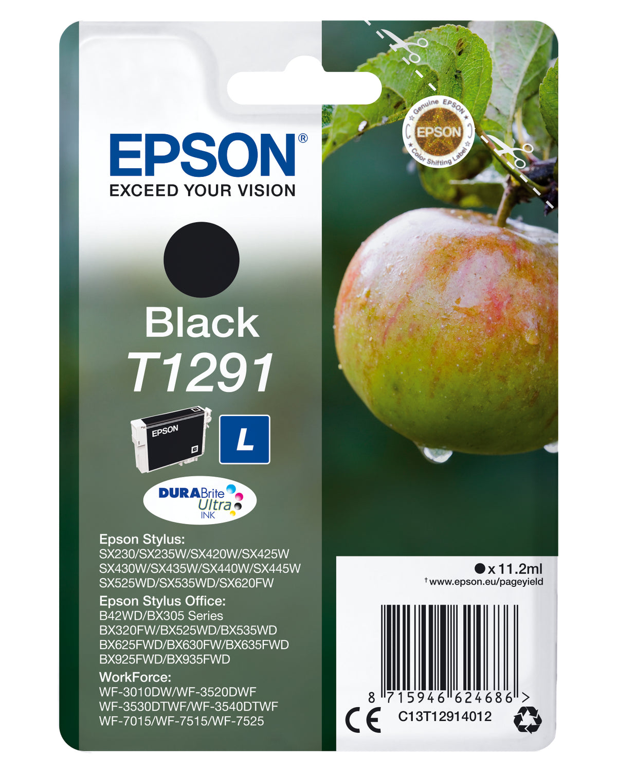 Epson T1291 - 11.2 ml - tamanho L - preto - original - blister - tinteiro - para Stylus SX230, SX235, SX430, SX438, WorkForce WF-3010, 3520, 3530, 3540, 7015, 7515, 7525