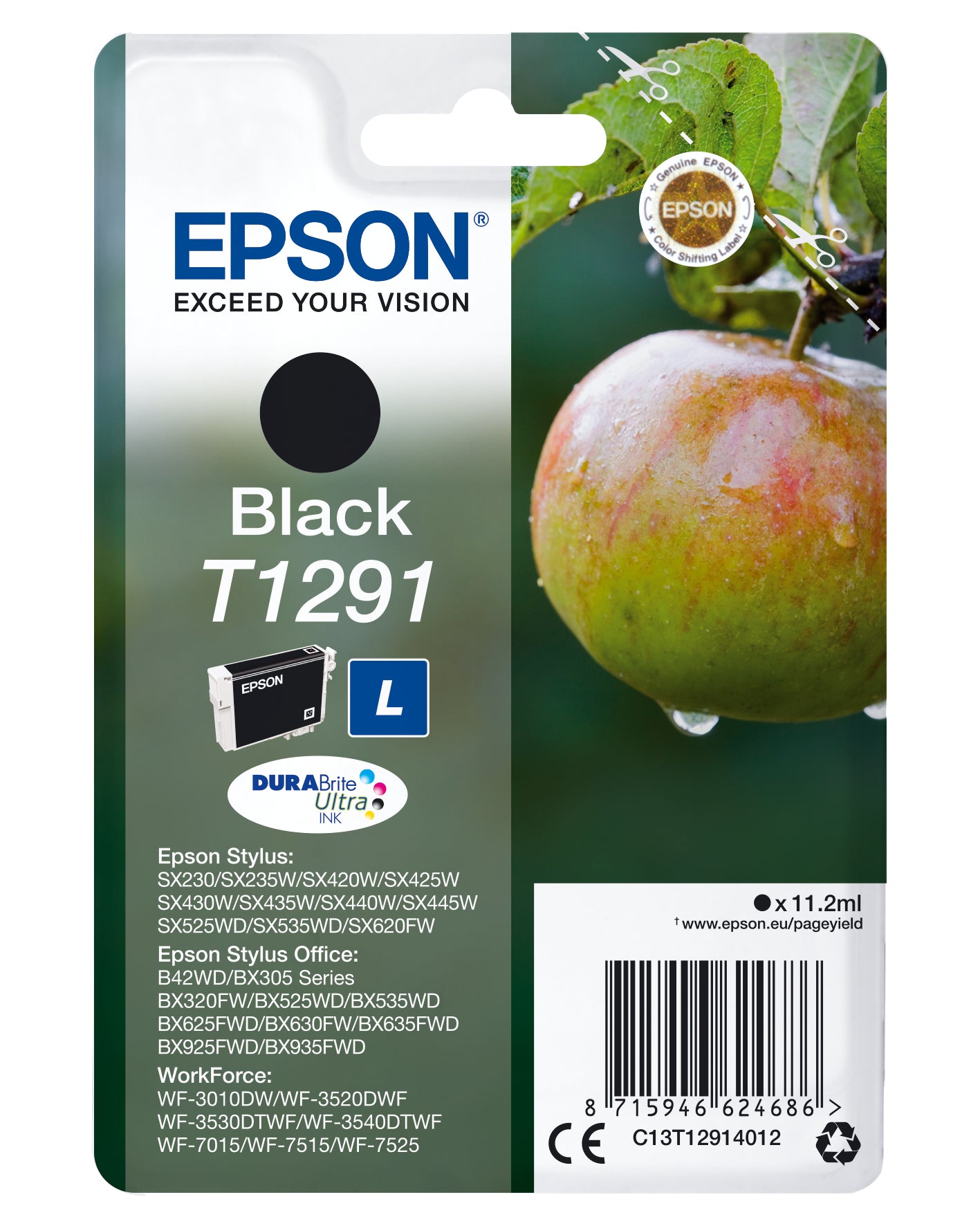 Epson T1291 - 11.2 ml - tamanho L - preto - original - blister - tinteiro - para Stylus SX230, SX235, SX430, SX438, WorkForce WF-3010, 3520, 3530, 3540, 7015, 7515, 7525