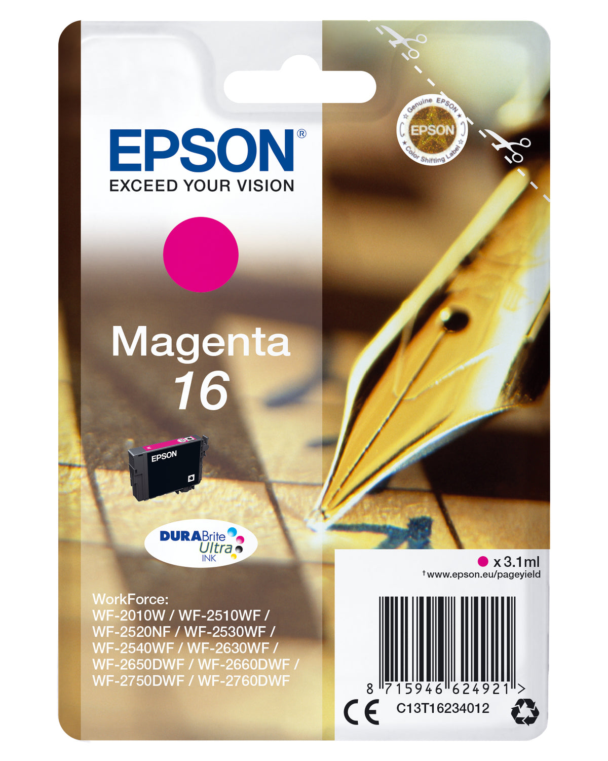 Epson 16 - 3.1 ml - magenta - original - tinteiro - para WorkForce WF-2010, 2510, 2520, 2530, 2540, 2630, 2650, 2660, 2750, 2760