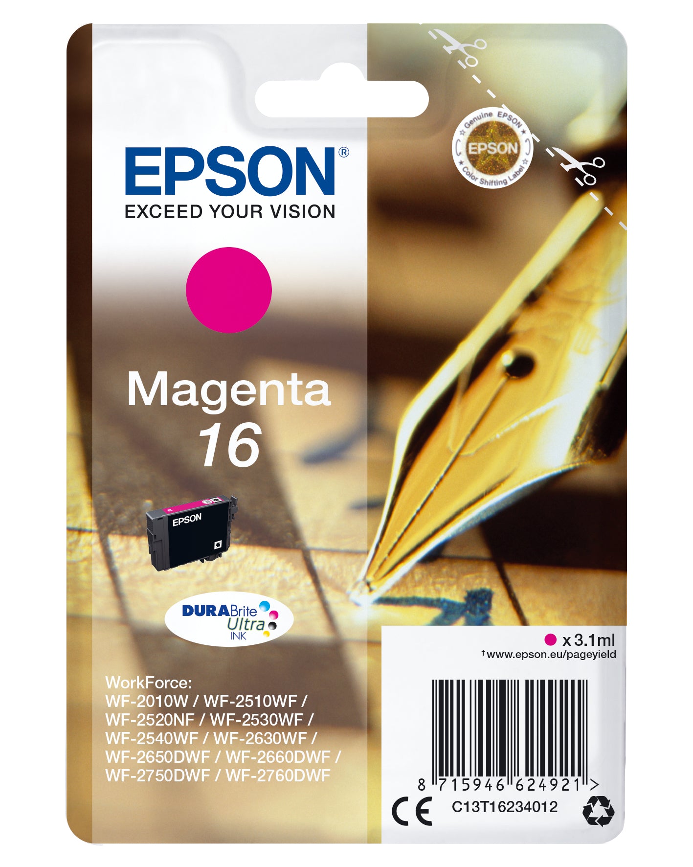 Epson 16 - 3.1 ml - magenta - original - tinteiro - para WorkForce WF-2010, 2510, 2520, 2530, 2540, 2630, 2650, 2660, 2750, 2760