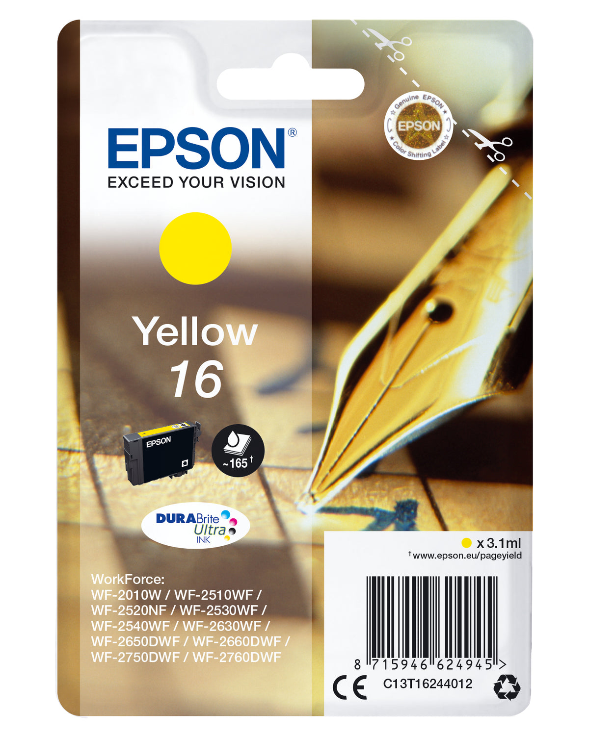 Epson 16 - 3.1 ml - amarelo - original - tinteiro - para WorkForce WF-2010, WF-2510, WF-2520, WF-2530, WF-2540, WF-2630, WF-2650, WF-2660, WF-2750