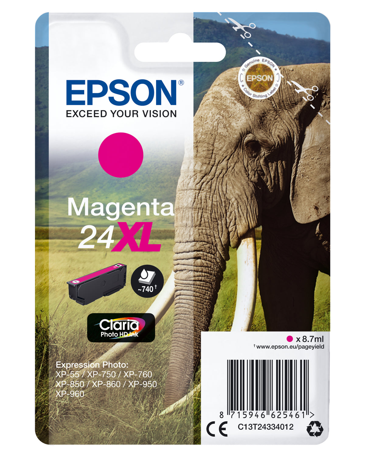 Epson 24XL - 8.7 ml - XL - magenta - original - tinteiro - para Expression Photo XP-55, 750, 760, 850, 860, 950, 960, 970, Expression Premium XP-750, 850