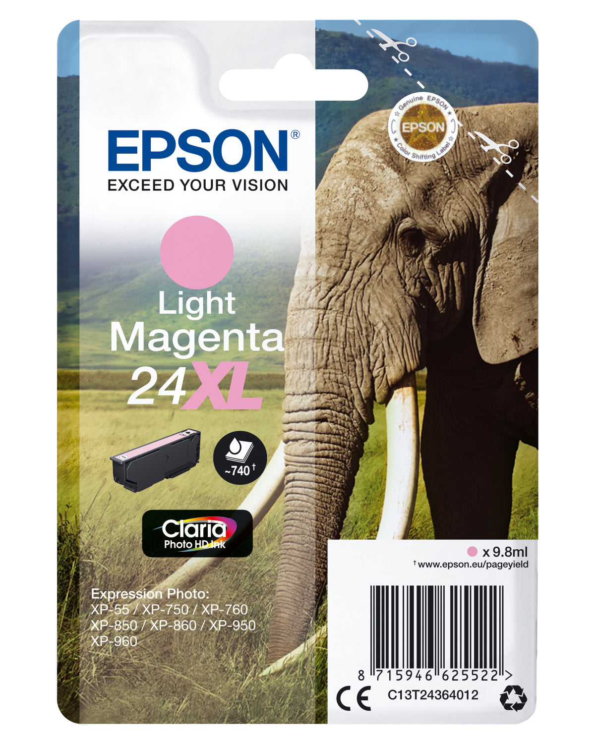 Epson 24XL - 9.8 ml - XL - magenta claro - original - tinteiro - para Expression Photo XP-55, 750, 760, 850, 860, 950, 960, 970, Expression Premium XP-750, 850