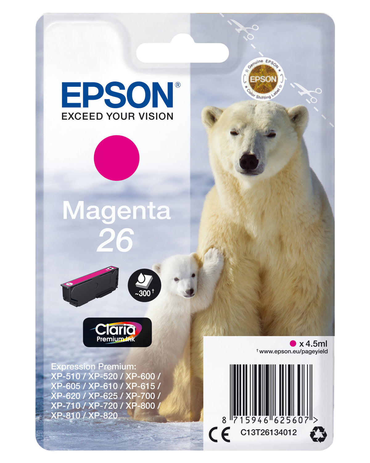 Epson 26 - 4.5 ml - magenta - original - tinteiro - para Expression Premium XP-510, 520, 600, 605, 610, 615, 620, 625, 700, 710, 720, 800, 810, 820