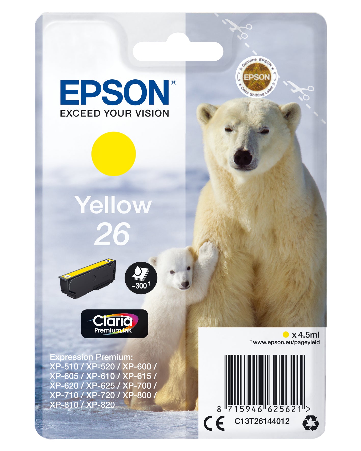 Epson 26 - 4.5 ml - amarelo - original - blister - tinteiro - para Expression Premium XP-510, 520, 600, 605, 610, 615, 620, 625, 700, 710, 720, 800, 810, 820