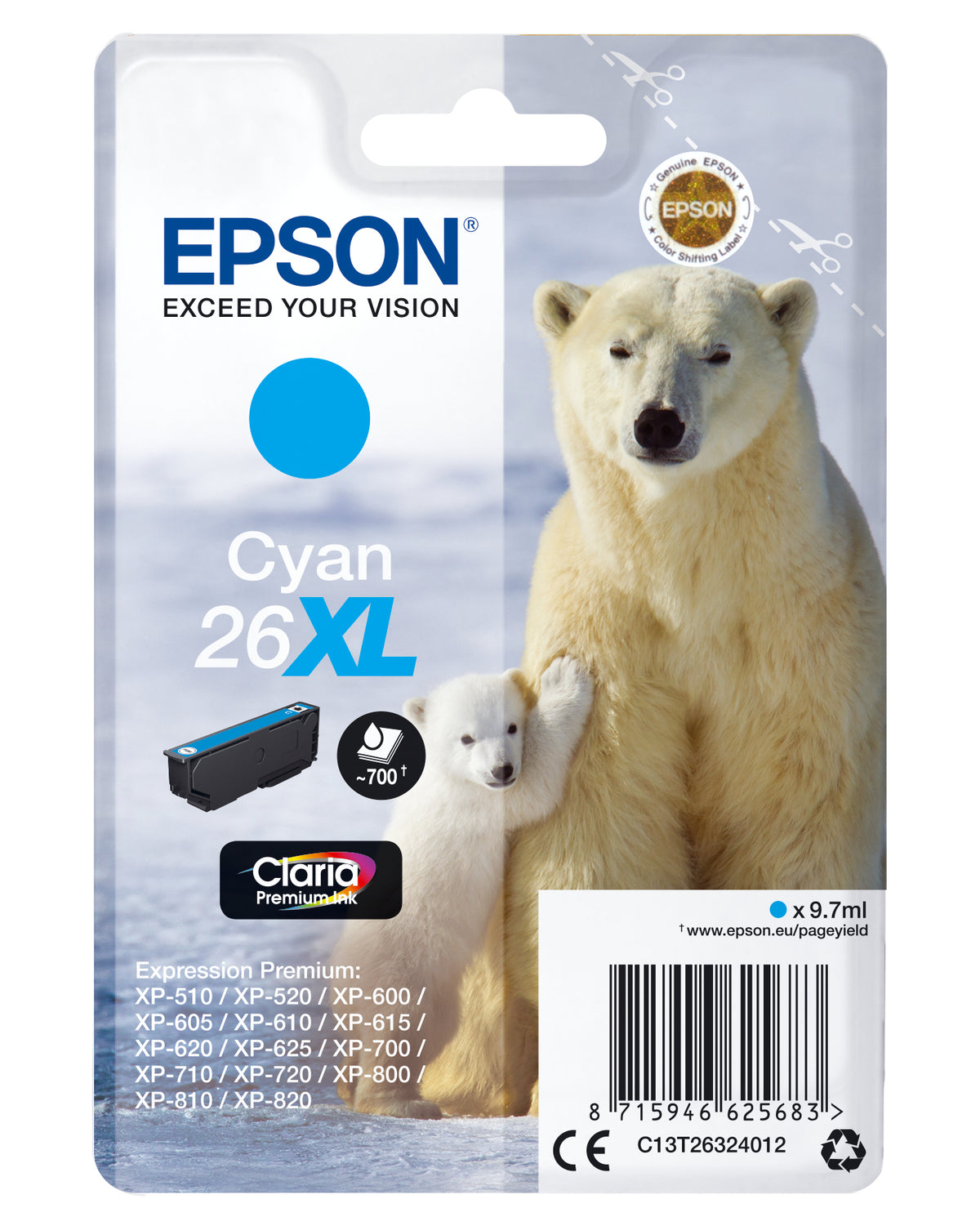 Epson 26XL - 8.7 ml - XL - azul cyan - original - blister - tinteiro - para Expression Premium XP-510, 520, 600, 605, 610, 615, 620, 625, 700, 710, 720, 800, 810, 820
