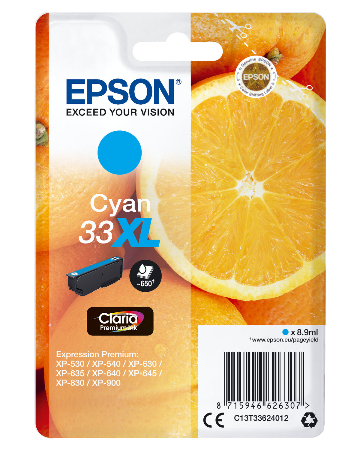 Epson 33XL - 8.9 ml - XL - azul cyan - original - blister - tinteiro - para Expression Home XP-635, 830, Expression Premium XP-530, 540, 630, 635, 640, 645, 830, 900