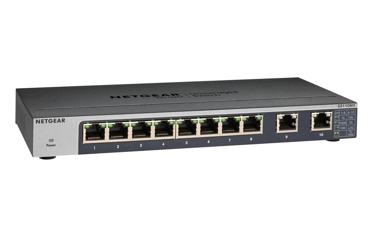 NETGEAR GS110MX - Interruptor - sem gestão - 8 x 1000Base-T + 2 x 100/1000/2,5G/5G/10G (ligação ascendente) - desktop, montável em trilho, montável na parede - alimentação DC
