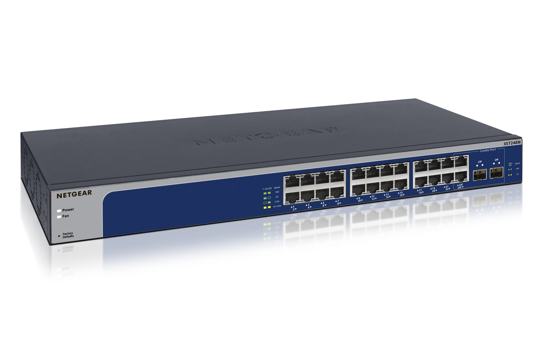 NETGEAR Plus XS724EM - Interruptor - inteligente - 22 x 100/1000/2.5G/5G/10GBase-T + 2 x combinado SFP+ 10 Gigabit - desktop, montável em trilho