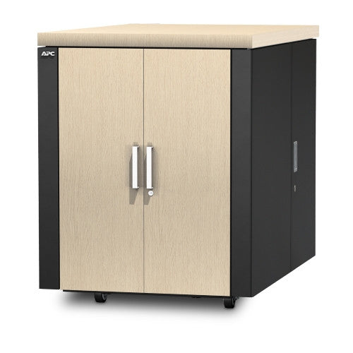 Sala de servidores insonorizada segura NetShelter CX de APC en un gabinete de caja - Empaquetado resistente a golpes - Gabinete de gabinete - con unidad de distribución de energía - Gris, roble - 18U - 19"
