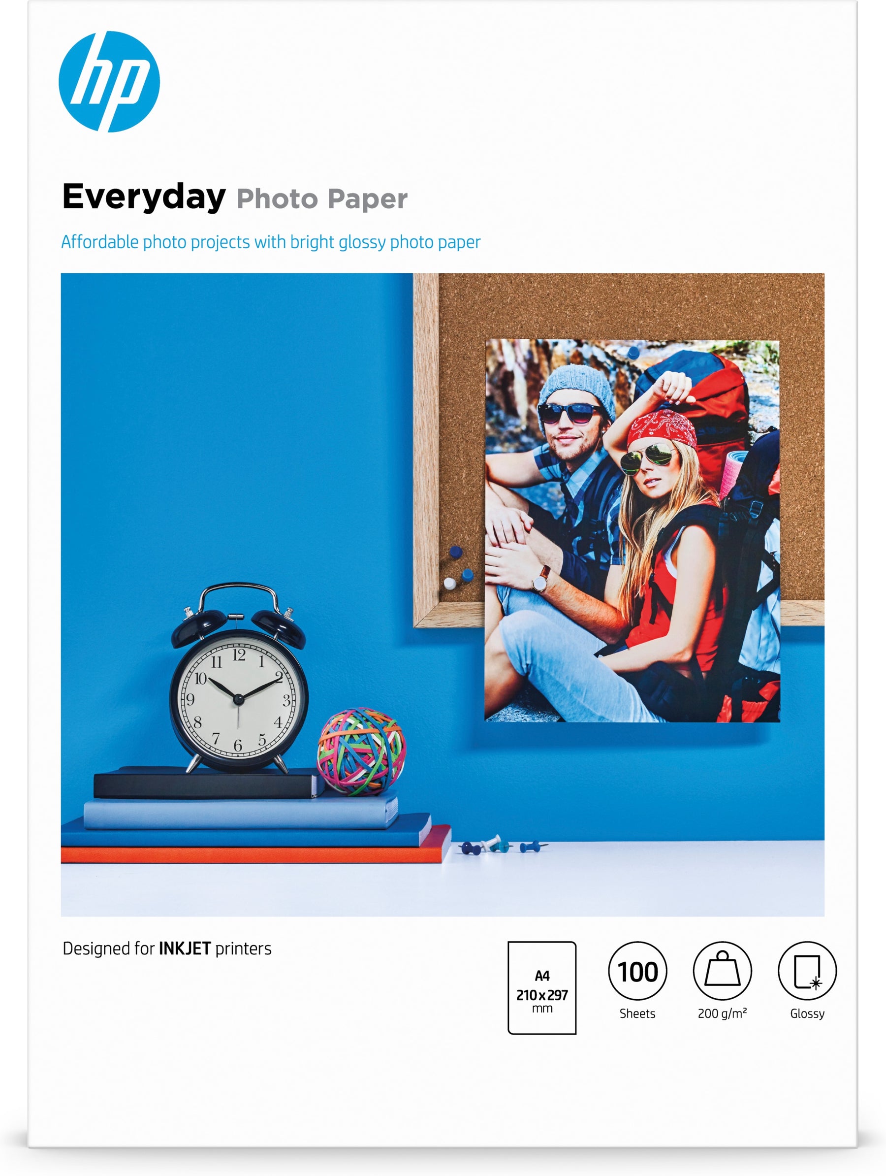 Papel fotográfico HP Everyday - Brillante - A4 (210 x 297 mm) - 200 g/m² - 100 hoja(s) papel fotográfico - para ENVY 50XX, 76XX, ENVY Inspire 7920, Officejet 52XX, 80XX, Photosmart B110, Wireless B110