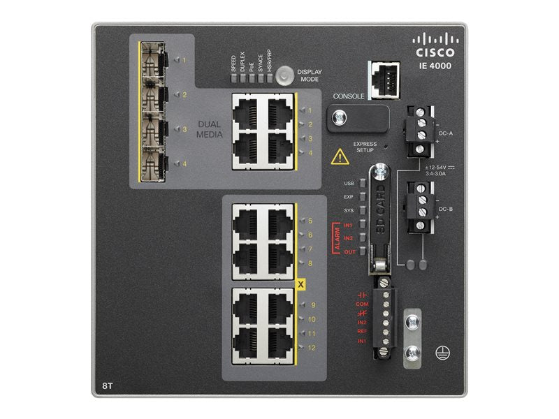 Cisco Industrial Ethernet serie 4000 - Conmutador - Administrado - Combo 8 x 10/100 + 4 x Gigabit SFP - Montaje en riel DIN - Alimentación de CC (IE-4000-8T4G-E)