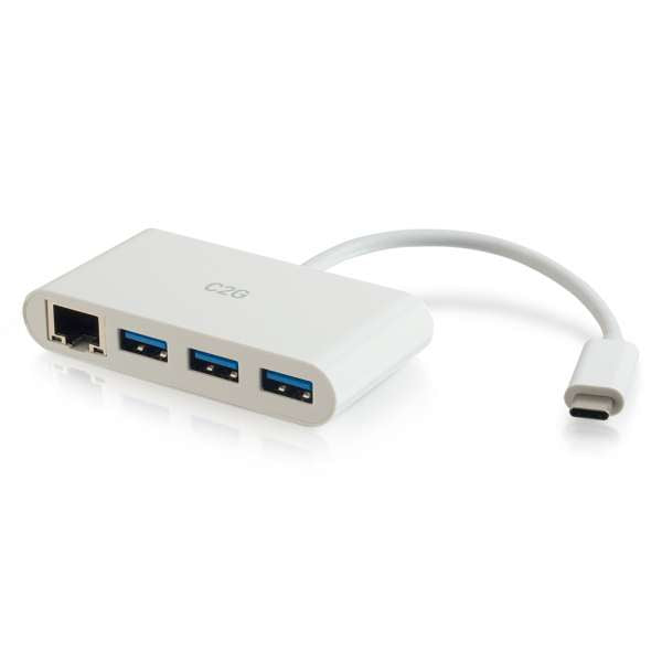C2G USB C Ethernet y Hub USB de 3 Puertos Blanco - Hub - 3 Puertos - Adaptador de Red - USB-C - Gigabit Ethernet x 1 + USB 3.0 x 3 - blanco