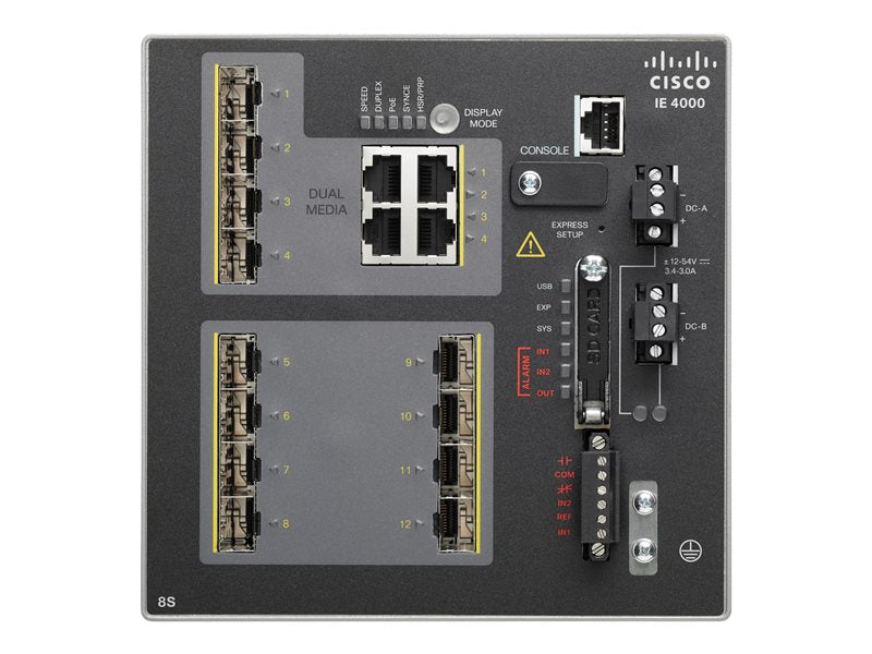 Cisco Industrial Ethernet serie 4000 - Conmutador - Administrado - Combinación de 8 x SFP + 4 x Gigabit SFP - Montaje en riel DIN - Alimentación de CC - Compatible con TAA (IE-4000-8S4G-E)