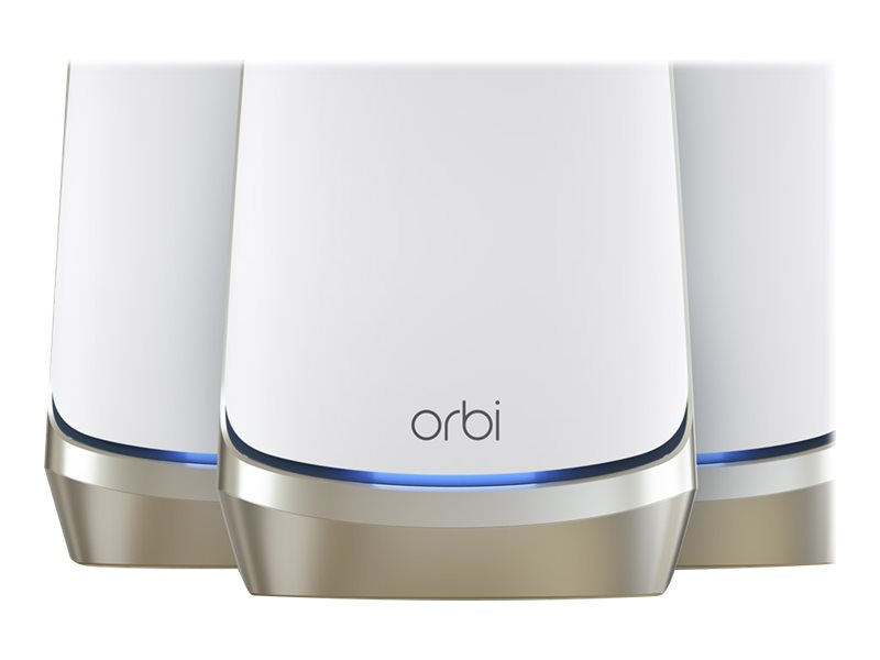 NETGEAR Orbi RBKE963 - Wi-Fi system (router, 2 extenders) - up to 6,500 sq.ft - network - 10 GigE, 2.5 GigE, 802.11ax (6E Wi-Fi) - 802.11a/b/g/n/ac/ ax (Wi-Fi 6E) - Multi-Band (RBKE963-100EUS)
