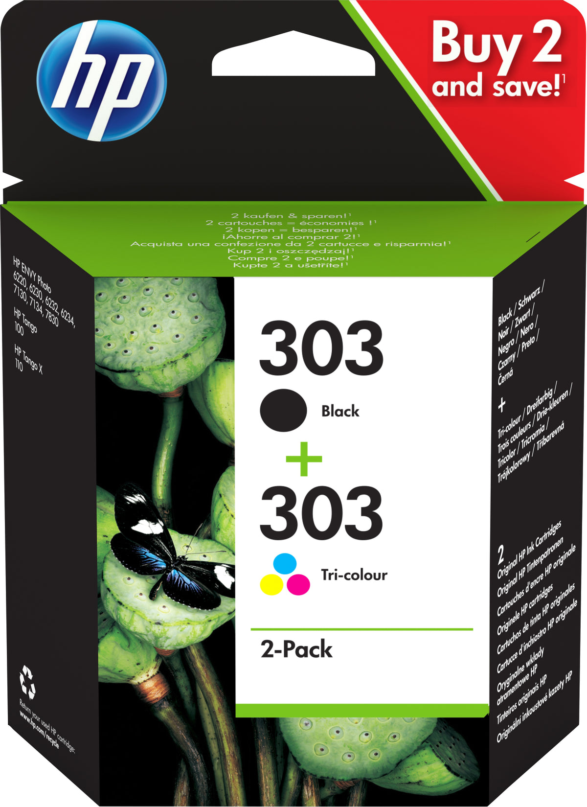 HP 303 - Pack of 2 - color (cyan, magenta, yellow), pigment black - original - ink cartridge - for ENVY Photo 62XX, Photo 71XX, Photo 78XX, ENVY Inspire 72XX, 79XX, Tango