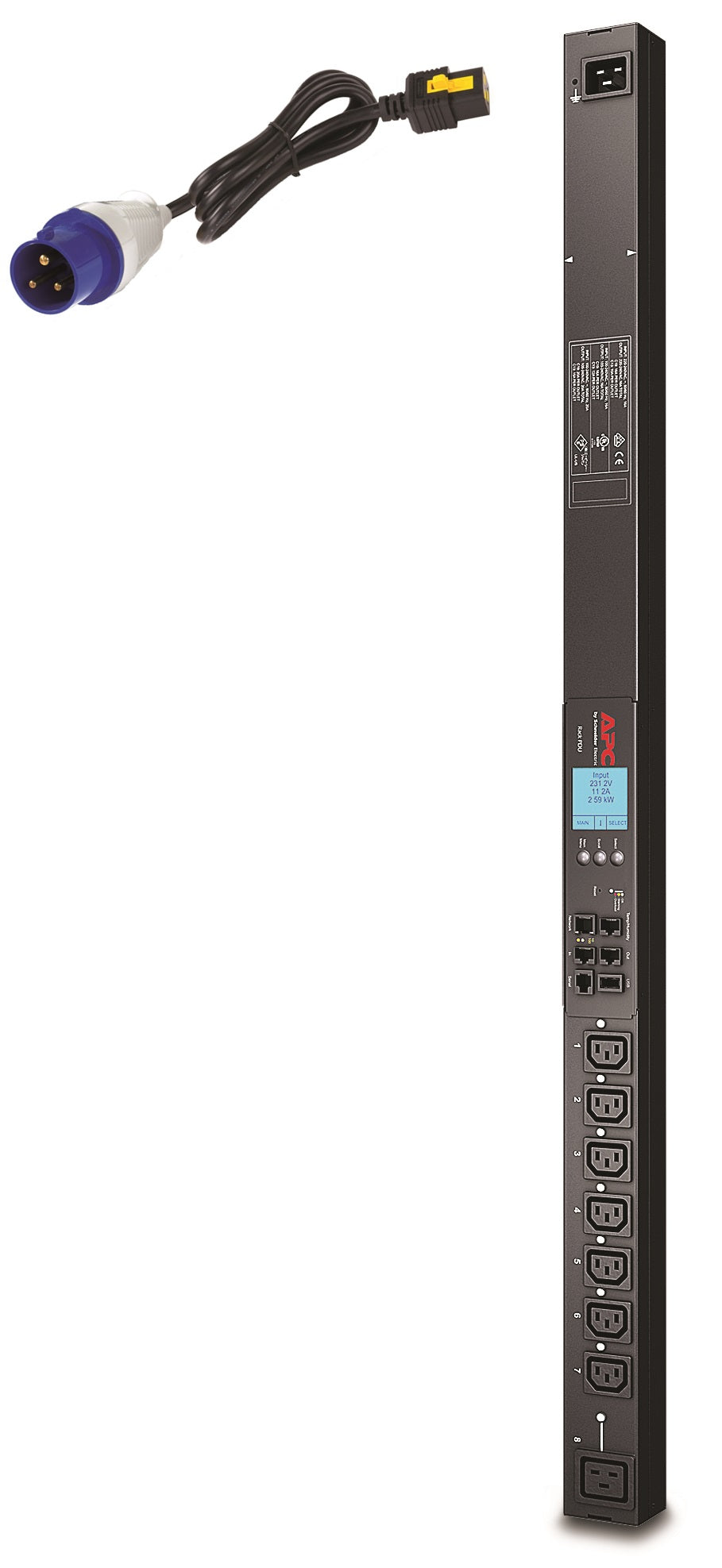 APC Switched Rack PDU 2G Zero U - Faixa de distribuição de energia (montável em bastidor) - AC 200/208/230 V - RS-232 - entrada: IEC 60309 16A - conectores de saída: 8 - preto - para P/N: AR3103SP, AR3106SP, SRT1000RMXLI, SRT1000RMXLI-NC, SRT10RMXLIX