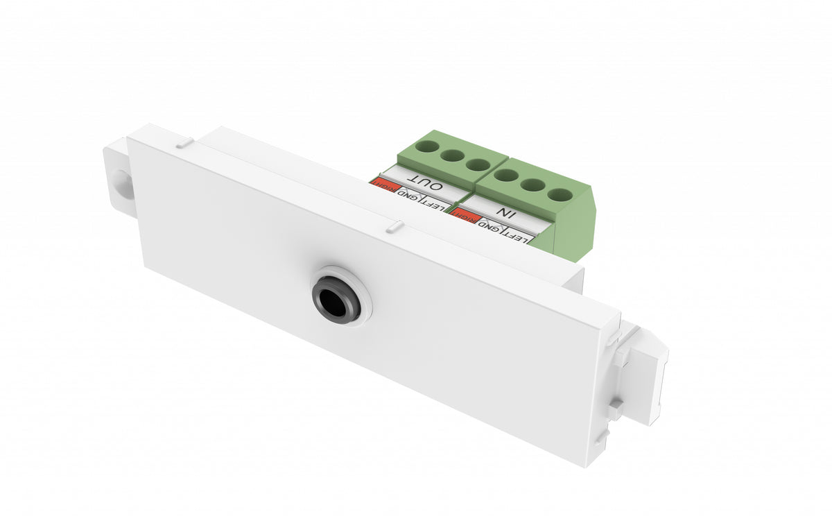 VISION Techconnect Modular AV Faceplate - LIFETIME WARRANTY - 3.5 mm minijack module - for use with stereo audio cable - pass-through terminal on rear - TRS - bare-wire phoenix connectors on rear - fixes into Techconnect surrounds - plastic - white