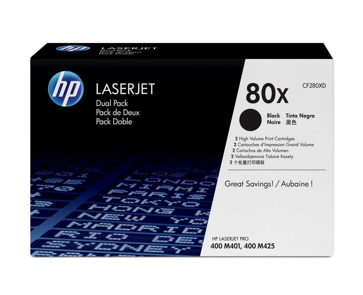 HP 80X - Pack of 2 - High Yield - Black - Genuine - LaserJet - Toner Cartridge (CF280XD) - for LaserJet Pro 400 M401, MFP M425