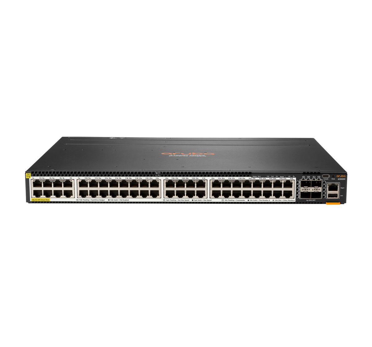 HPE Aruba 6300M - Switch - L3 - Managed - 48 x 100/1000/2.5G/5G (PoE+) + 4 x 1 Gigabit / 10 Gigabit / 25 Gigabit / 50 Gigabit SFP56 (uplink / stacking) - front and side to back - rail mountable - PoE+ (2880 W)