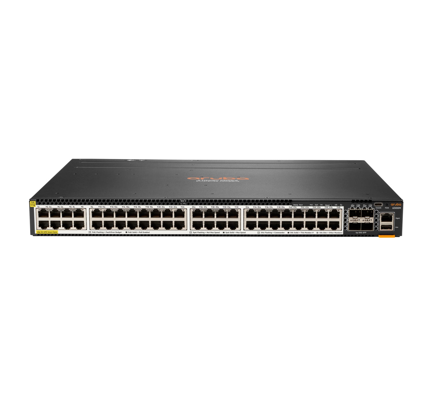 HPE Aruba 6300M - Switch - L3 - Administrado - 48 x 100/1000/2.5G/5G (PoE+) + 4 x 1 Gigabit / 10 Gigabit / 25 Gigabit / 50 Gigabit SFP56 (uplink / stacking) - frontal y lateral para trasera - montable en riel - PoE+ (2880 W)