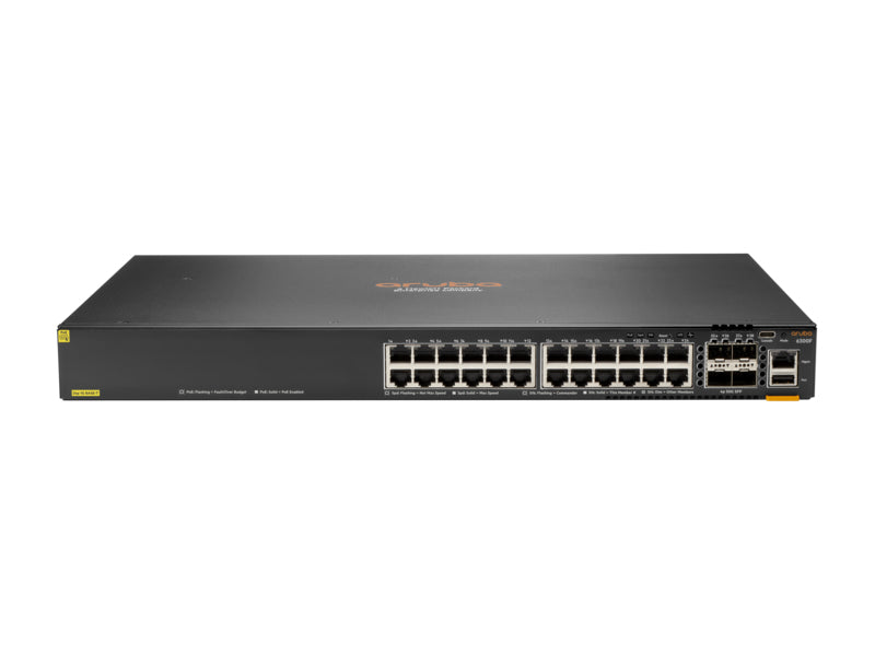 HPE Aruba 6300F - Conmutador - L3 - Administrado - 24 x 10/100/1000 (PoE+) + 4 x 50 Gigabit Ethernet SFP56 - flujo de aire de adelante hacia atrás - montaje en riel - PoE+ - Cumple con TAA