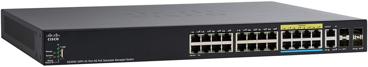 Cisco Small Business SG350X-24PV - Switch - Administrado - 16 x 10/100/1000 (PoE+) + 8 x 100/1000/2.5G/5G + 2 x Combo SFP+ 10 Gigabit + 2 x 10 Gigabit SFP+ - montaje en riel - PoE+ (375W)