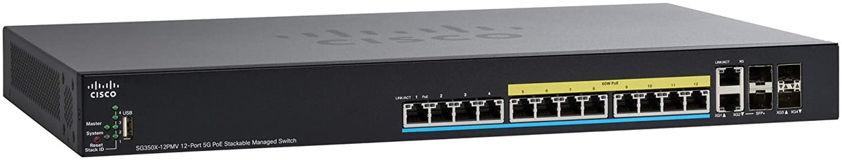 Cisco Small Business SG350X-12PMV - Switch - Administrado - 12 x 100/1000/2.5G/5GBase-T (PoE+) + 2 x Combo SFP+ 10 Gigabit + 2 x 10 Gigabit SFP+ - Montaje en riel - PoE+ (375 W)