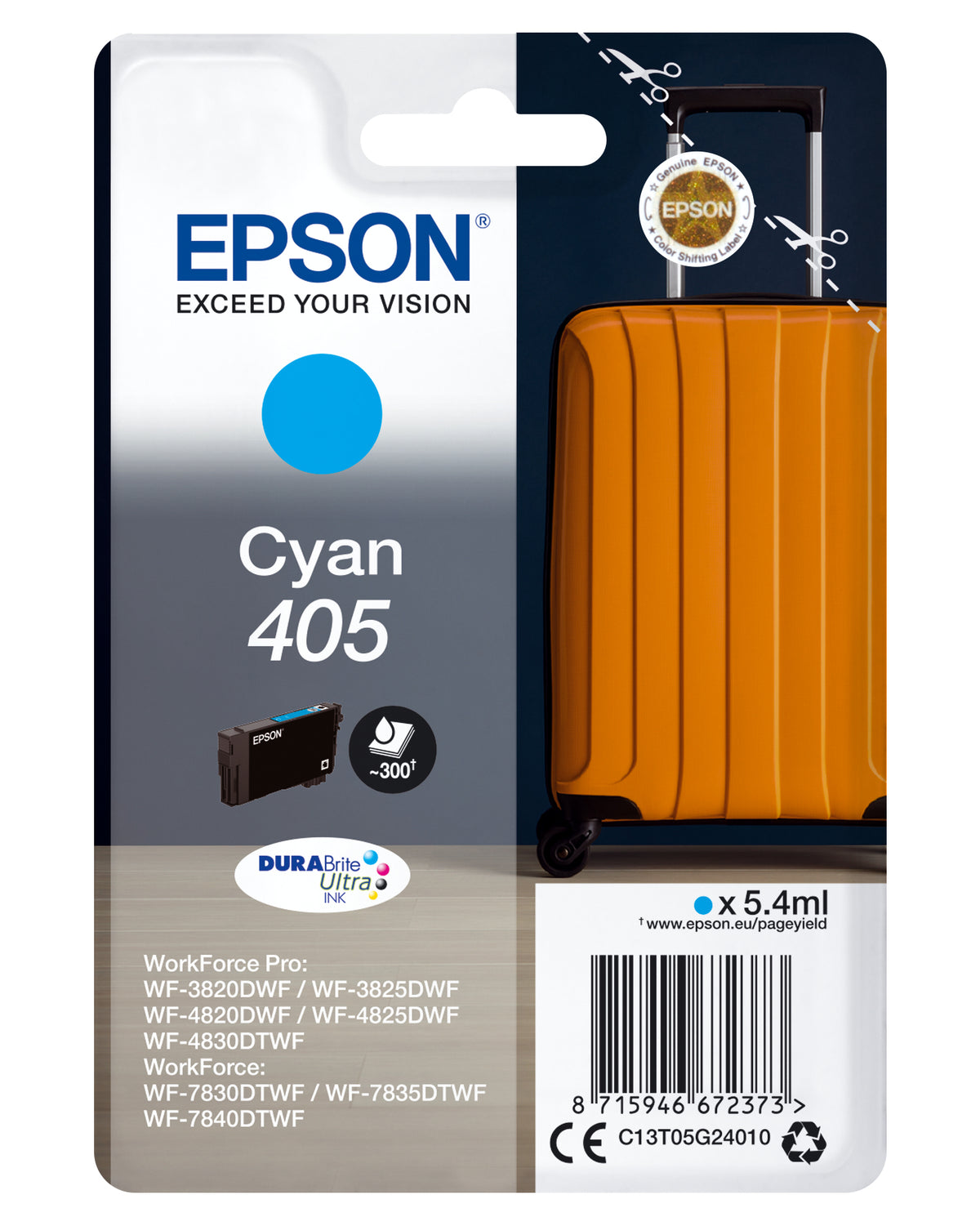Epson 405 - 5.4 ml - azul cyan - original - blister - tinteiro - para WorkForce WF-7310, 7830, 7835, 7840, WorkForce Pro WF-3820, 3825, 4820, 4825, 4830, 7840