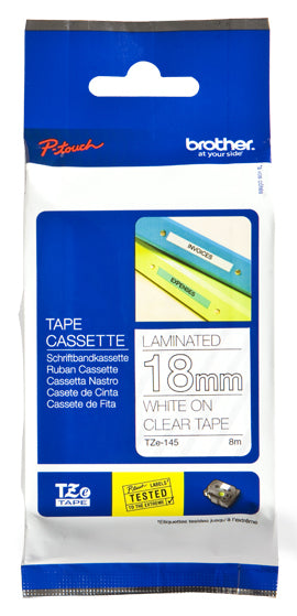 Brother TZe-145 - Standard Sticker - White on Clear - Roll (1.8 cm x 8 m) 1 Cassette(s) Laminated Tape - for Brother PT-D600, P-Touch PT-1880, D450, D800, E550, E800 , P900, P950, P-Touch EDGE PT-P750