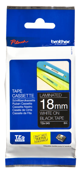 Brother TZe-345 - Standard Sticker - White on Black - Roll (1.8 cm x 8 m) 1 cassette(s) laminated tape - for Brother PT-D600, P-Touch PT-1880, D450, E550, E800, P900 , P950, P-Touch Cube Plus PT-P710