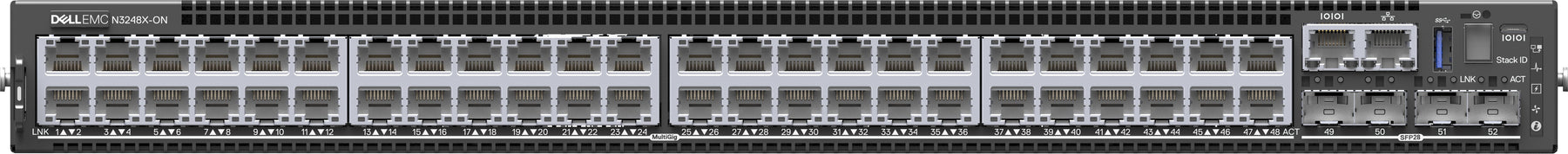 Dell PowerSwitch N3248X-ON - Interruptor - L3 - Administrado - 48 x 10/100/1000/2.5G/5G/10GBase-T + 4 x 25 Gigabit SFP28 + 2 x 100 Gigabit QSFP28 - fluxo de ar frente para trás - montável em trilho - CAMPUS Smart Value